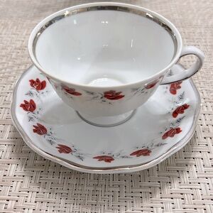 Favolina Vintage Fine China Red Rose with silver trim Cup & Saucer